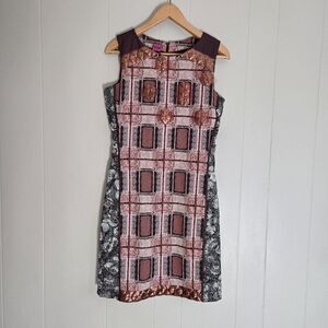 Save The Queen Sheath Dress Leather Inserts Rose Gold Sequins Geometric Maroon M